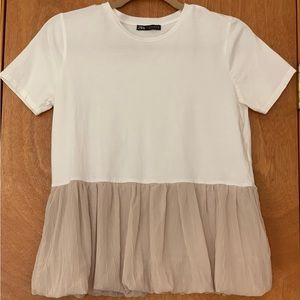 ZARA White/beige Cotton Short Sleeve Tee /T-shirt, Size S
